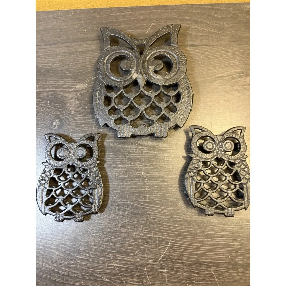 Vintage Set Of 3 Cast Iron Owl Trivets Hot Plates Taiwan Black 5